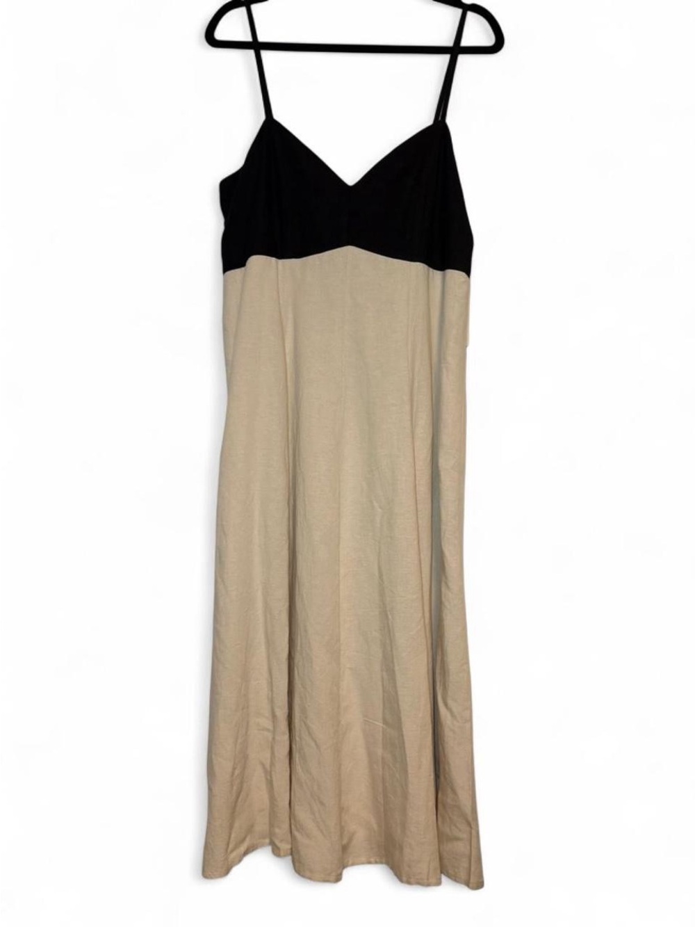 Classic Linen Blend Two-Tone Spaghetti Strap Maxi Dress - Black & Cream
